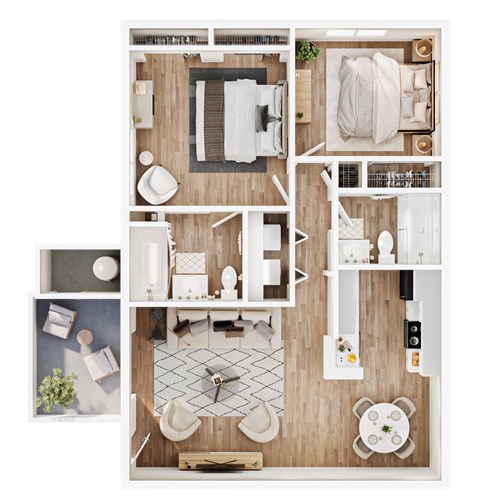 Floor plan for 2 beds, 2 baths, 908 sqft